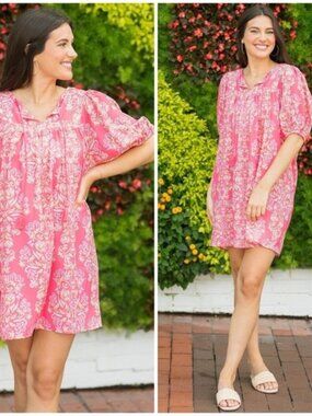NWT Michelle McDowell Penny Tunic Dress Pink Busy Bee Coral Print Size M